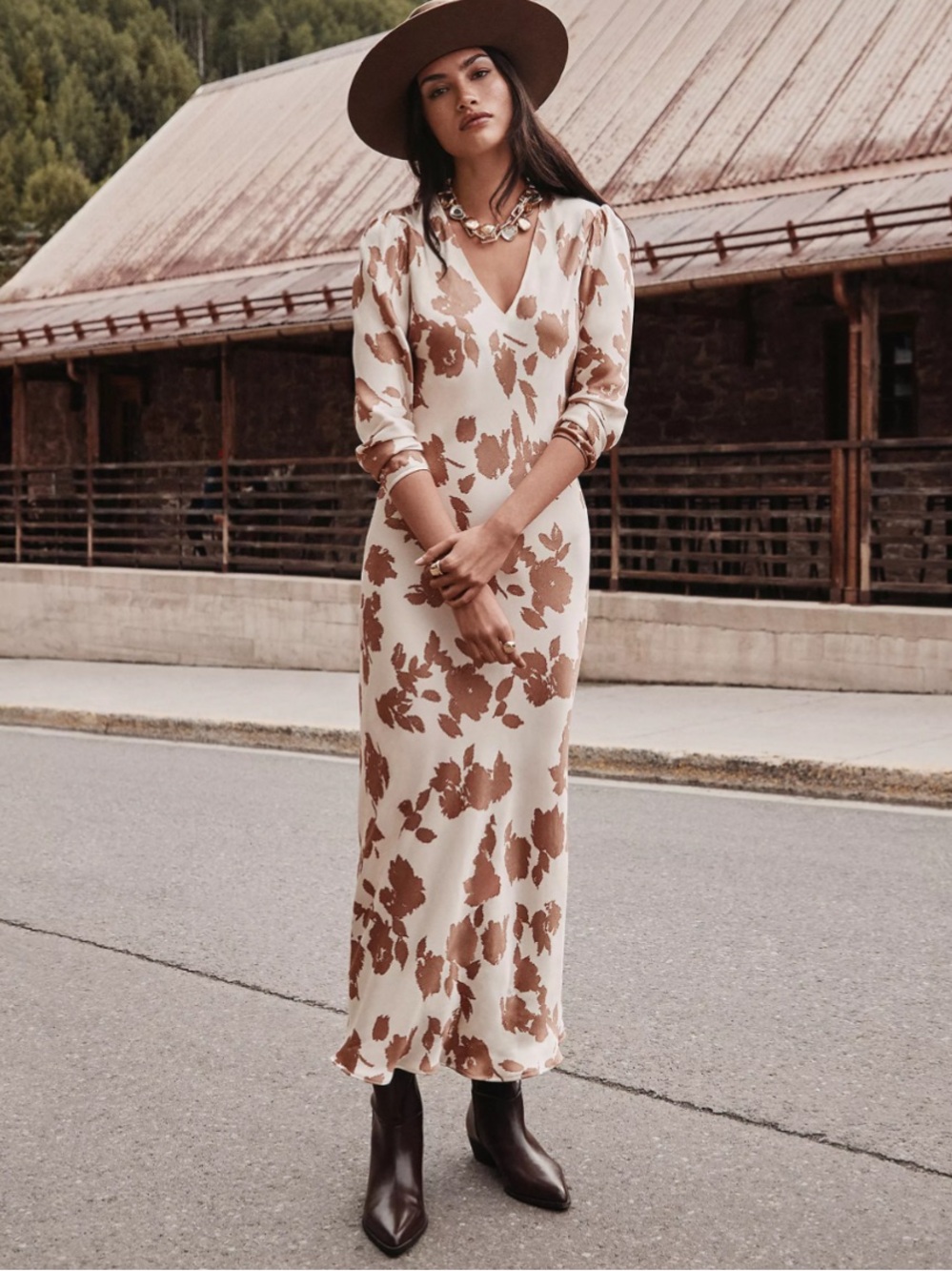 LOFT Ivory Brown Floral Satin Viscose Maxi Dress V-Neck Long Sleeve 6